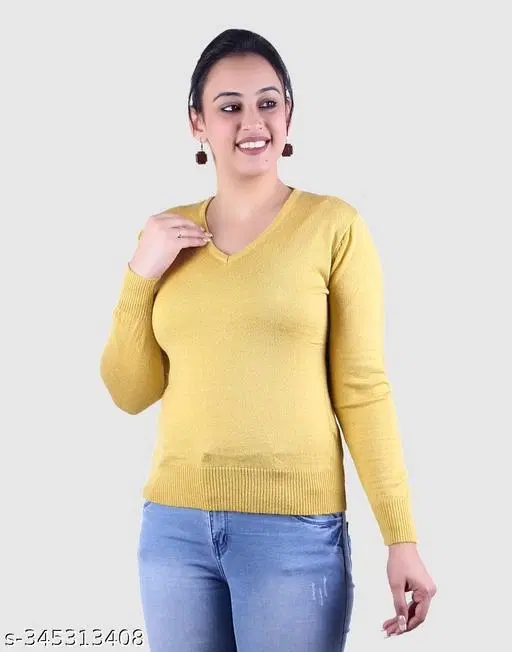 Acrylic Solid Sweater for Women (Yellow, M)