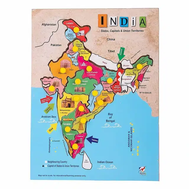 Wooden India Map Learning Educational Board for Kids, Multicolor