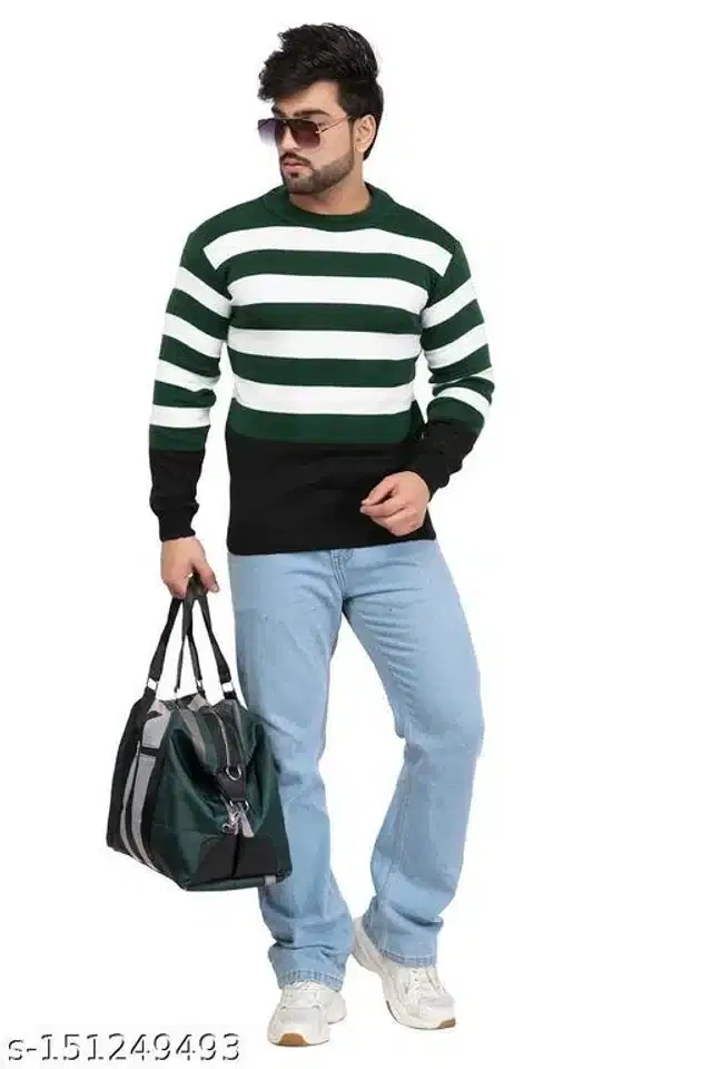 Acrylic Sweater for Men (Green & Black, L)