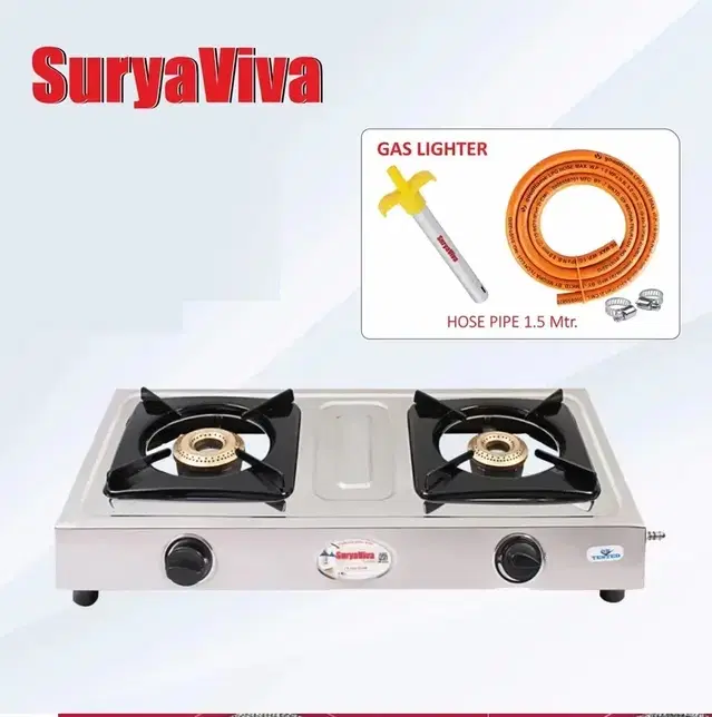 SURYAVIVA NEO 2B SS(Hose Pipe + Lighter) 2 Cast Iron (Silver) Stainless Steel Manual Gas Stove (2 Burners)