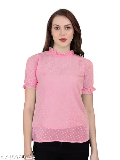 Casual Georgette Top for Women (Pink, XXL)