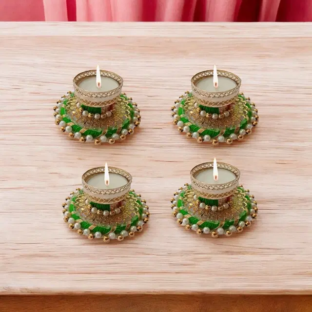 Metal Designer Tealight Candle Holder, Green, 8.8x8.8x3.8 cm, Pack of 4