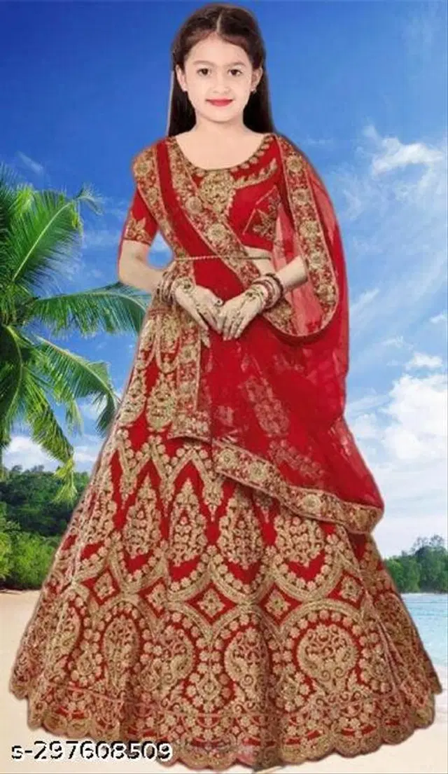 Satin Lehenga Cholis with Dupatta for Girls (4-5 Years, Red)