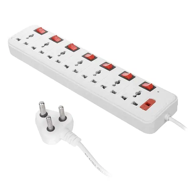 Switch Universal Surge Protector With 7 Socket 7 switch 7 Socket Extension Boards, White, Red, 2 M Cable, Pack of 1