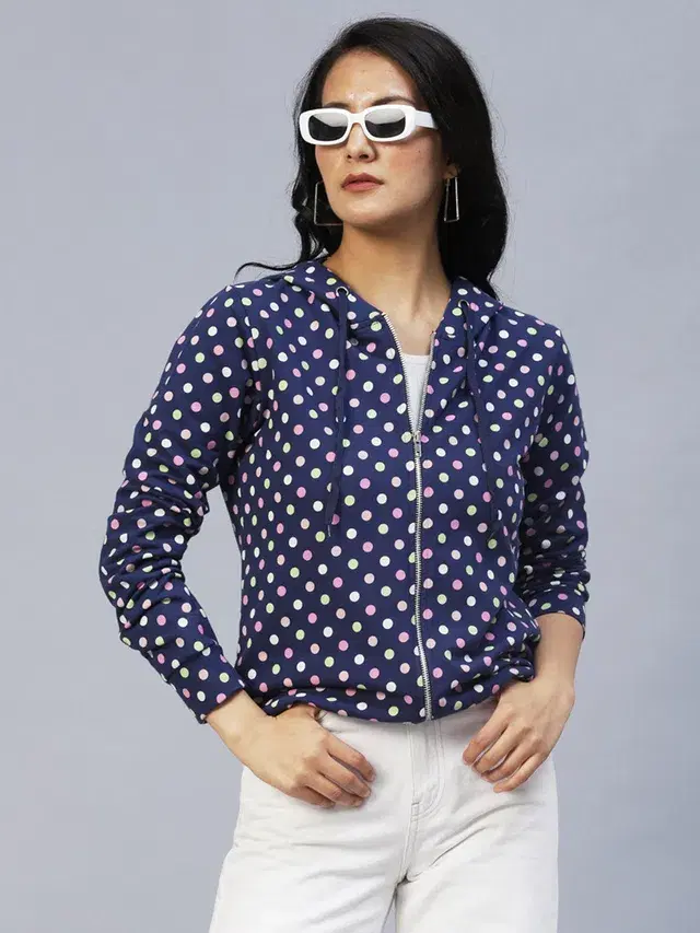 Women's Polka Dot Hooded Jacket (Blue, L)