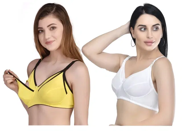 Cotton Blend Solid Non Padded Feeding Bras for Women, Pack of 2 (Multicolor, 32)