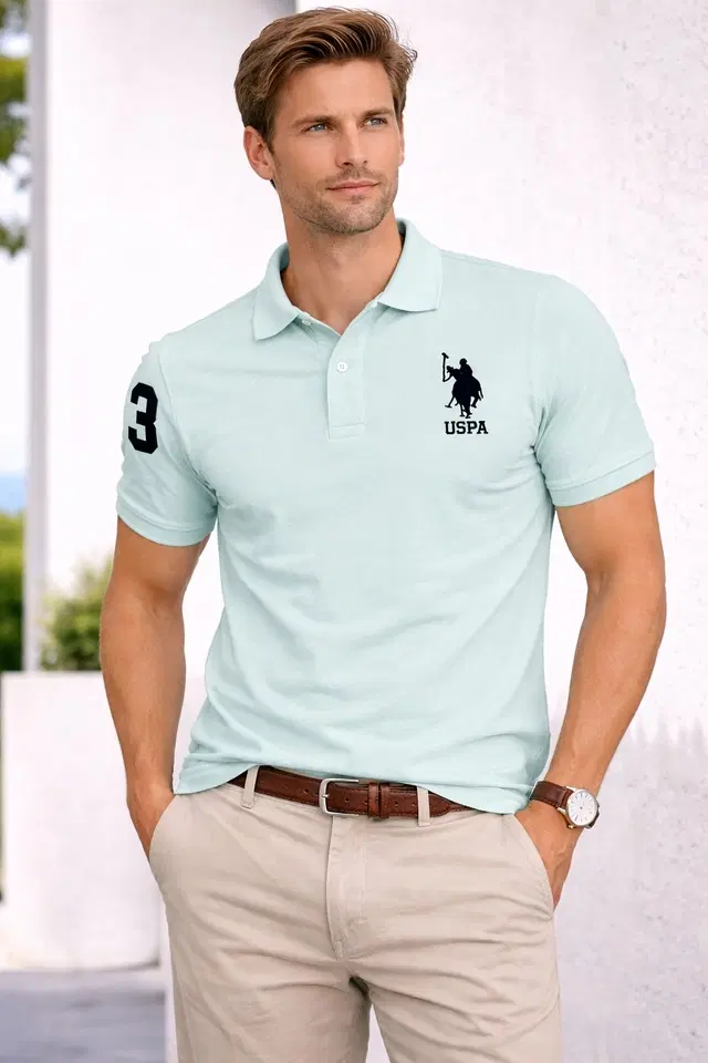 Cotton Matty Polo Neck T-shirt for Men, Sky Blue (L)