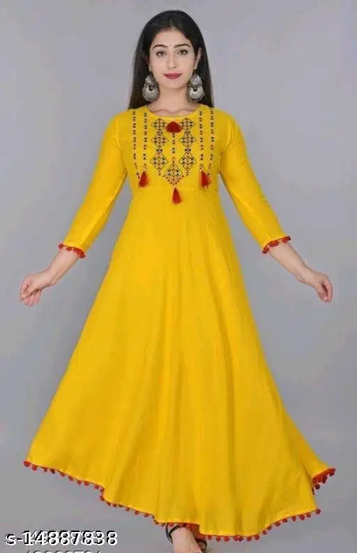 Women Rayon Anarkali Solid Yellow Rayon Kurta Set For Women, Yellow (S)