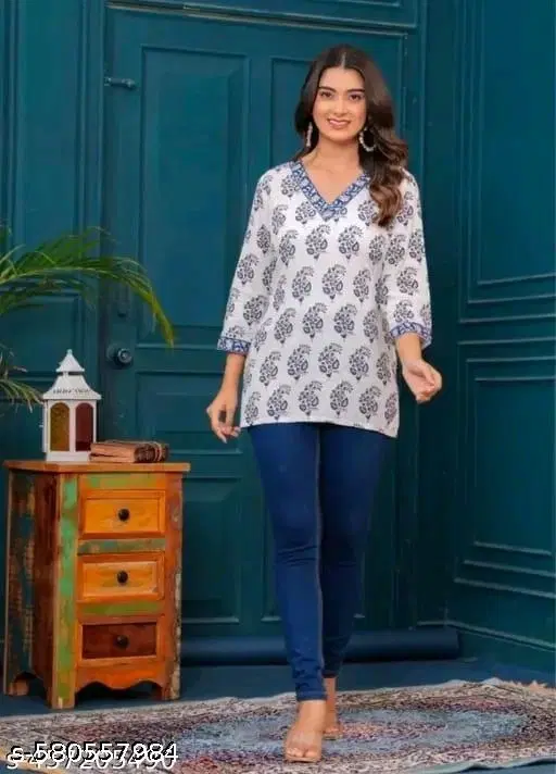 Rayon Printed Short Kurti for Women, White (XS)