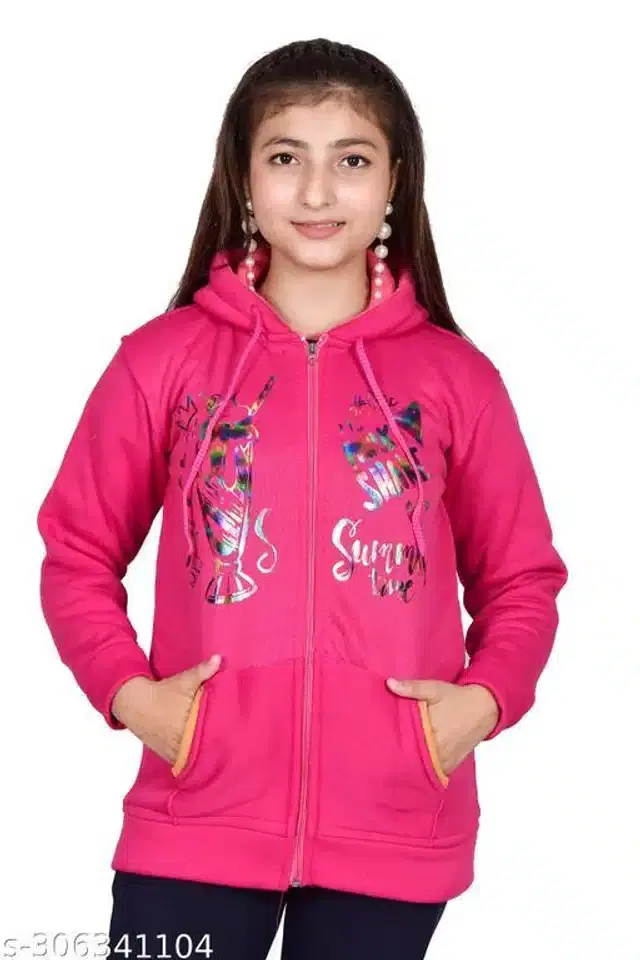 Woolen Full Sleeves Hooded Sweatshirt for Girls (Pink, 10-11 Years)