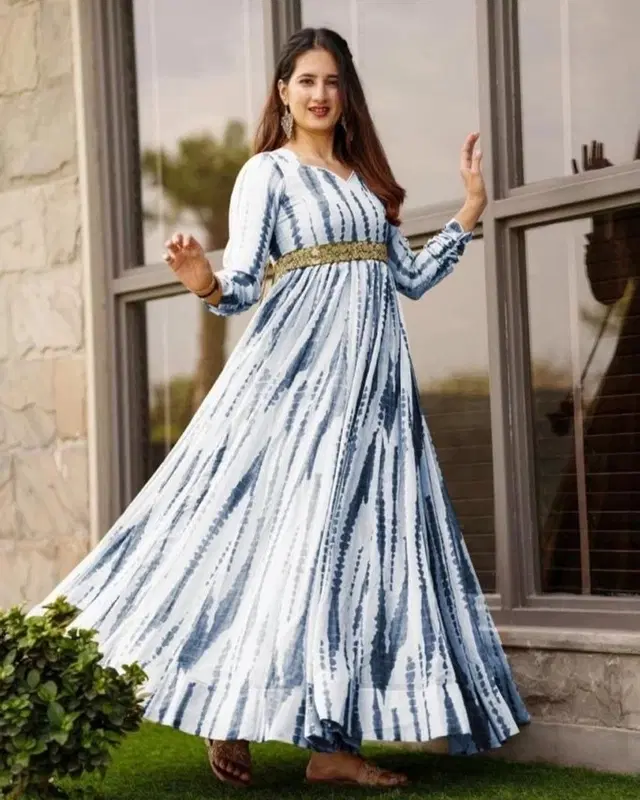 Georgette Printed Gown for Women (White, S)