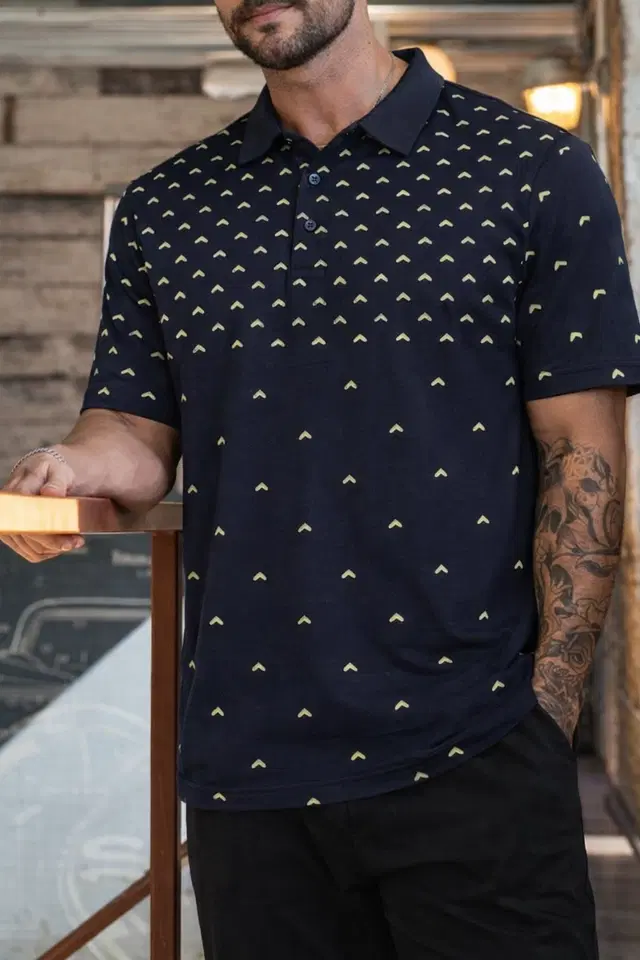 Cotton Blend Self Design T-Shirt for Men, Navy Blue (XL)