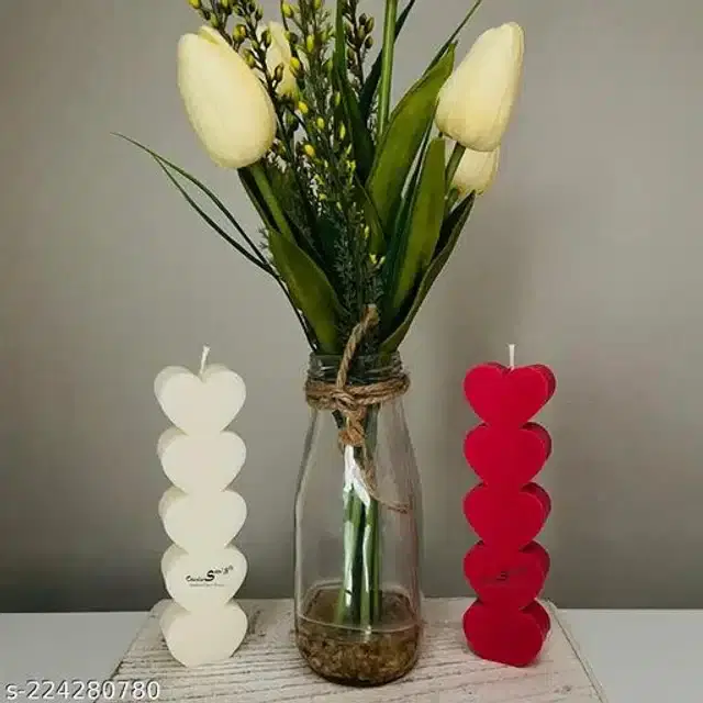 Scented Heart Pillar Shaped Candles, White & Red, Pack of 2