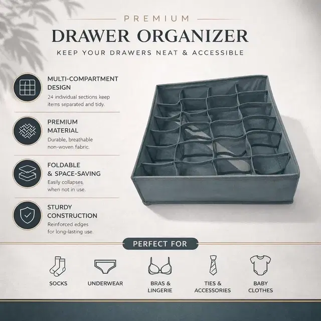 Wardrobe Clothes Organizer, Nonwoven Fabric Durable with 24 Grids partition 32*32*10cm