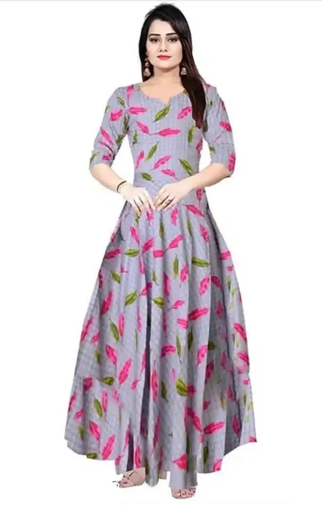 Anarkali Half Sleeves Gown for Women (Grey & Pink, M)