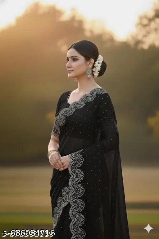 Georgette Embellished Saree For Women, Black