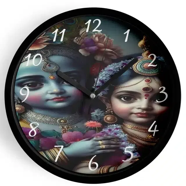 Analog Lord Krishna Wall Clock for Home, Black, 7 Inches