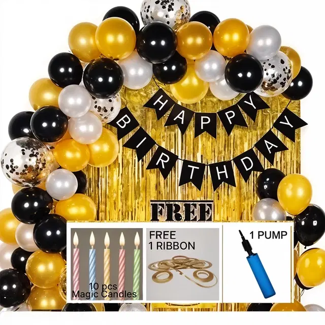 35 Pcs Happy Birthday Combo Kit, Multicolor with Happy Birthday Black Banner + 2 Golden Curtain + Golden Black And silver Hd Metallic Balloon Pack Of 30 + And Megic Candle+Ribben+Pump Free