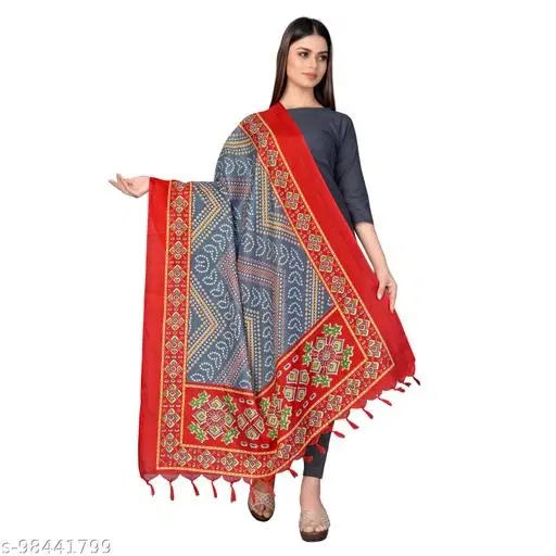 Printed Khadi Cotton Dupatta with Tassels for Women (Grey, One Size)