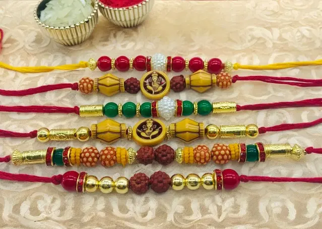 Handmade Designer Rakhi with Roli Chawal, Multicolor, Pack of 6