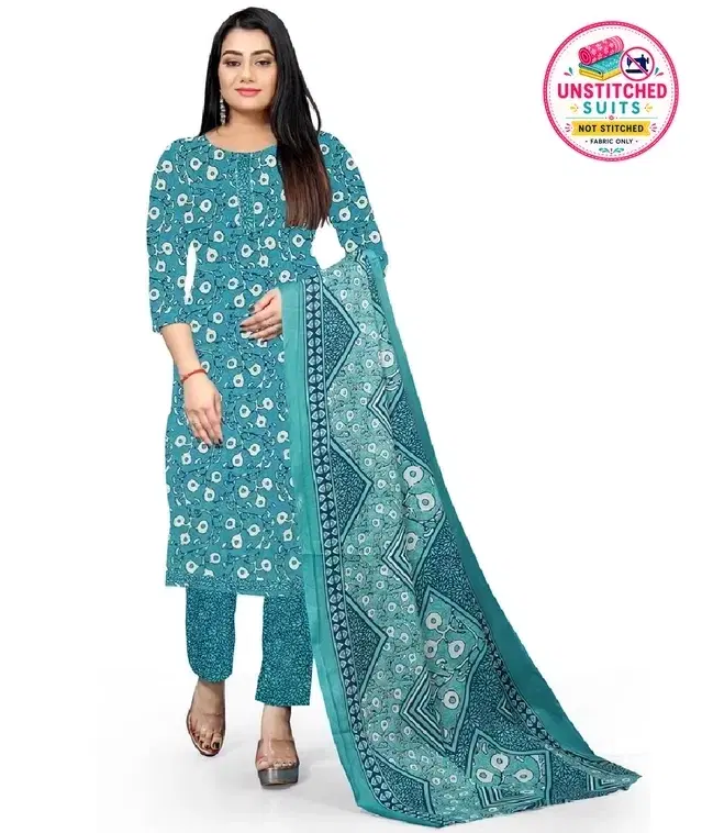 Cotton Blend Floral Print Unstitched Suit with Dupatta for Women, Blue