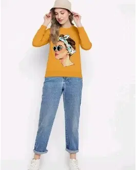 Round Neck Printed Sweatshirt for Women (Yellow, L)