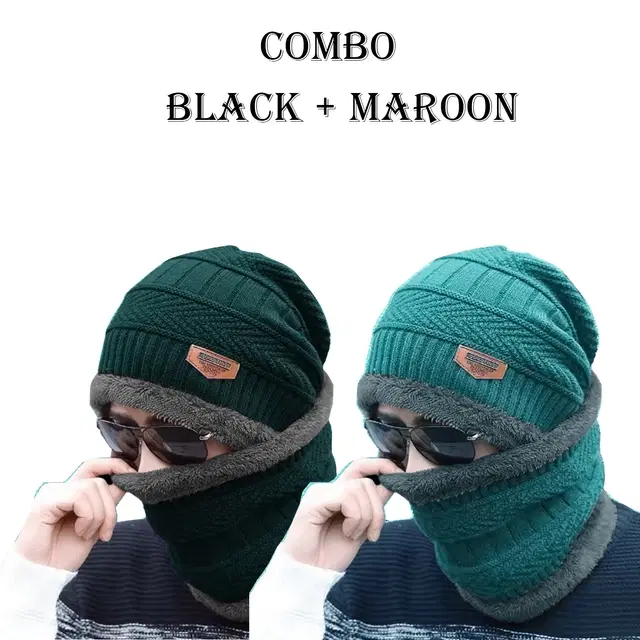 Woolen Caps with Neck Warmers for Men & Women, Pack of 2 (Black & Blue)