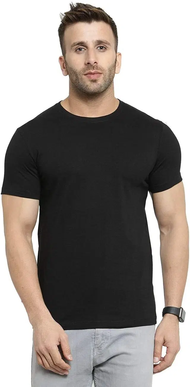 Polyester Solid T-Shirt for Men, Black (L)