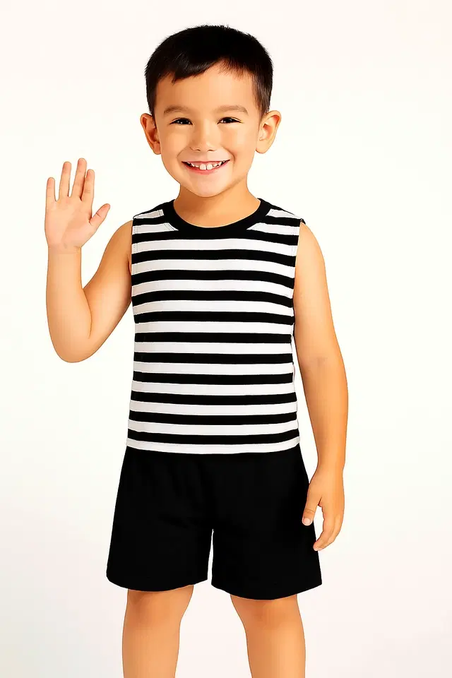 Cotton Stripes Clothing Set for Boys, Black (6-12 Months)