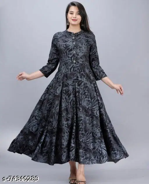 Women Printed Rayon Anarkali Kurta, Grey Melange (S)