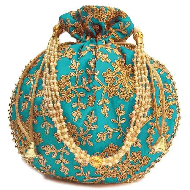 Cotton Silk Ethnic & Traditional Handheld Potli for Women, Sky Blue, A-37