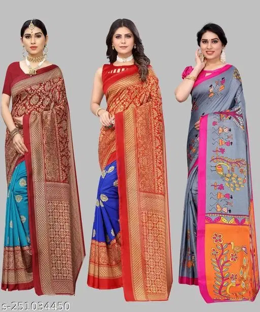 Art Silk Festive Saree for Women, Pack of 3 (Orange, Free Size)