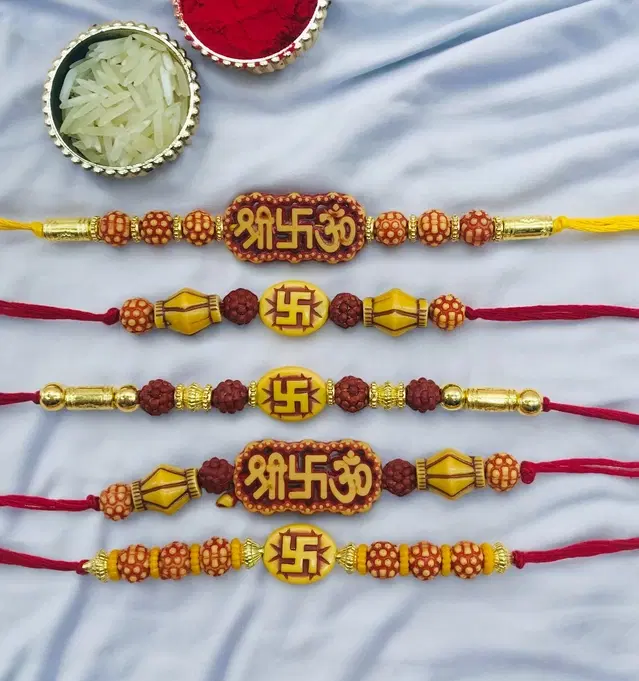 Handmade Designer Rakhi with Roli Chawal, Multicolor, Pack of 5