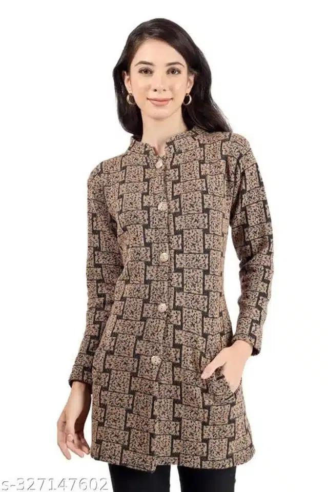 Woolen Full Sleeves Cardigan for Women (Beige & Black, M)