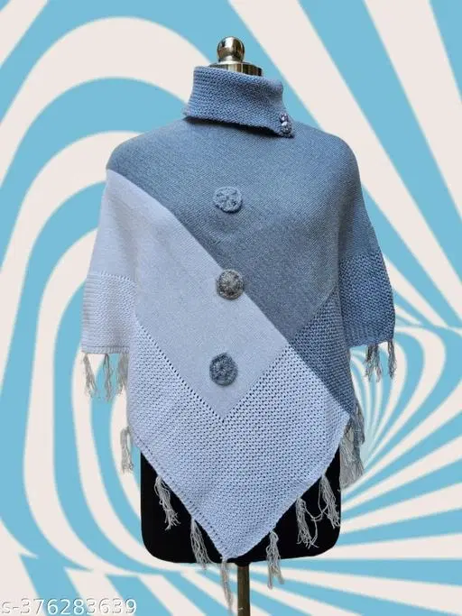 Woolen Poncho for Women (Grey & White, Free Size)