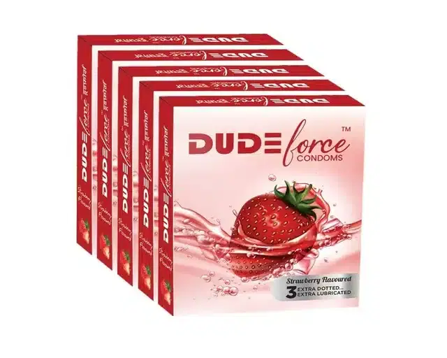 Dude Force 3 Pcs Strawberry Flavoured Condoms for Men, Set of 5