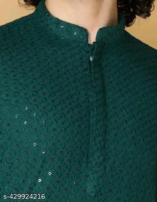 Embroidered Mandarin Neck Kurta for Men (Green, XXS)