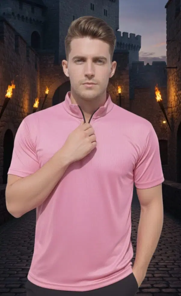 Polyester Solid T-shirt for Men, Pink (M)