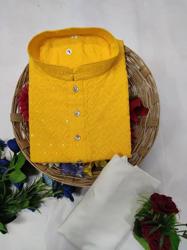 Cotton Blend Shiny Sequin Kurta with Pyjama Set for Men, Yellow & White (M)