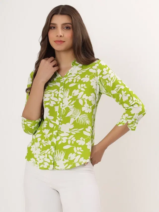 Rayon Printed Shirt for Women, Green (S)
