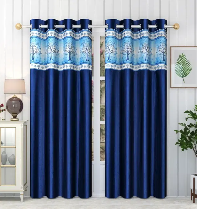 Polyester Printed Curtains for Door & Window, Navy Blue, 5 feet, Pack of 2