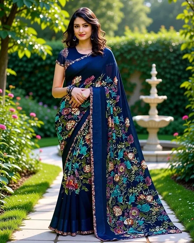 Georgette Floral Print Saree for Women, Blue