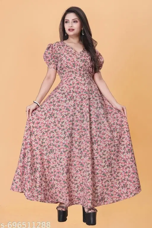 Maxi Floral Printed One Piece Dress (Pink, S)