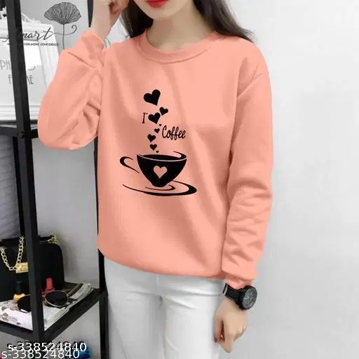 Cotton Printed Sweatshirt for Women (Peach, S)