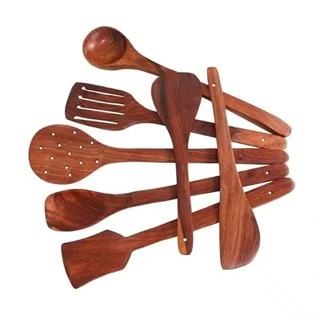 Wooden Cooking & Serving Spoons, Brown, Set of 7