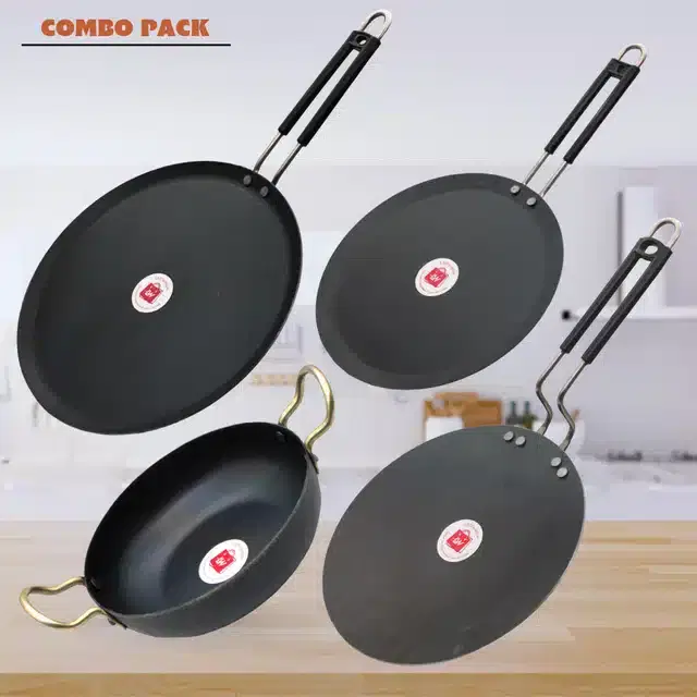 Frying Pan & Tawa Set, Pack of 4, Black, 1000 ml