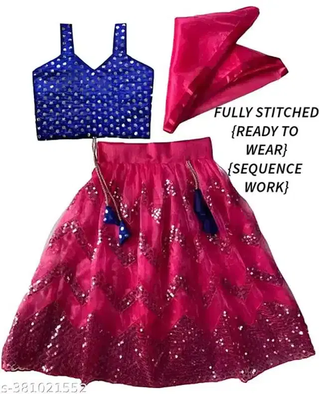 Taffeta Silk Lehenga with Choli & Dupatta for Girls (Dark Pink & Blue, 6-12 Months)