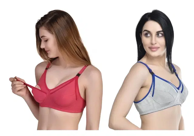 Cotton Blend Solid Non Padded Feeding Bras for Women, Pack of 2 (Multicolor, 36)