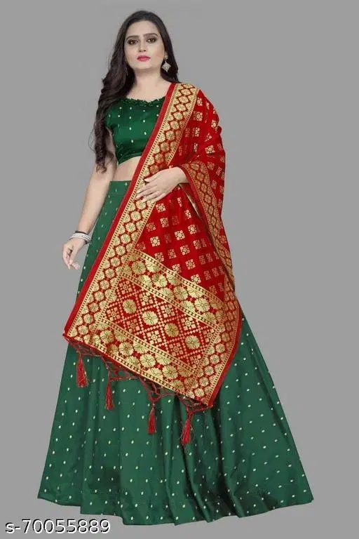Cotton Blend Lehenga Choli for Women (Green, Free Size)