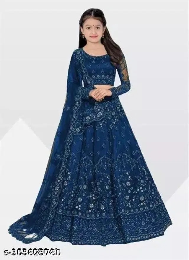 Net Lehenga with Choli & Dupatta for Girls (Blue, 3-4 Years)